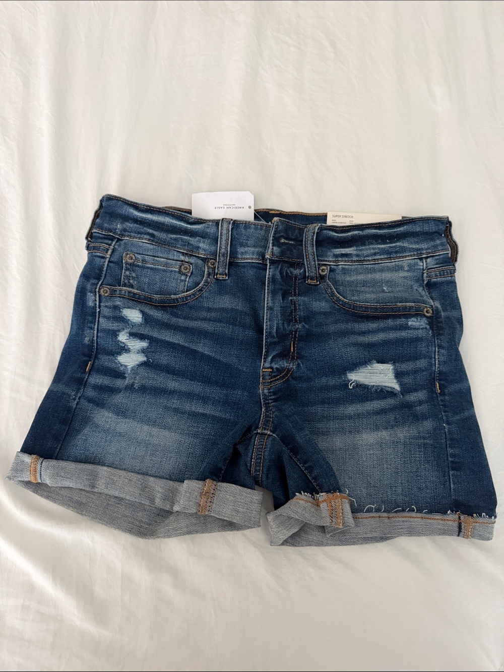 American Eagle Dark Blue Distressed Roll-Cuff Denim Shorts